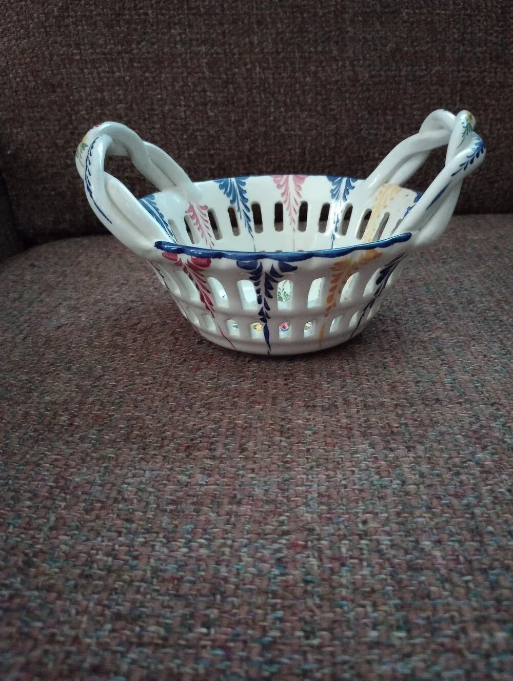 Vintage RCCL Hand Painted Ceramic Basket Bowl-Lattice Design Made In Portugal